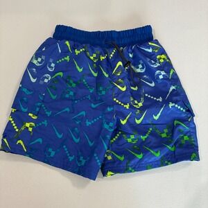 Nike Swim Trunks Boys Small S Blue Neon Green‎ Pixelated Swoosh Board Shorts